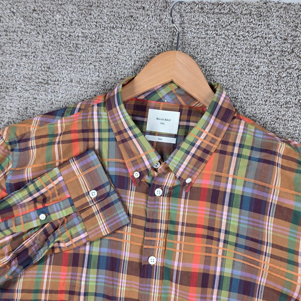 Billy Reid Mens XXL Slim Fit Button Down Shirt Plaid Cotton Viscose Brown Italy